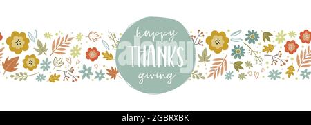Joli dessin de Thanksgiving à la main avec des fleurs et des feuilles d'automne, arrière-plan mignon Doodle, idéal pour les invitations, couvertures, bannières, cartes -vecteur de Illustration de Vecteur