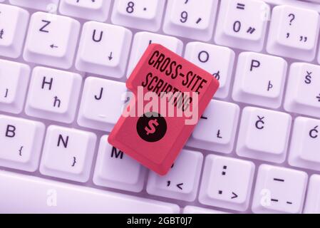 Écriture de texte Cross site Scripting. Vulnérabilité de sécurité de photo conceptuelle principalement trouvée dans l'application Web connexion avec des amis en ligne, Making Banque D'Images