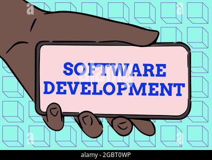 Affiche affichant Software Development. Word pour le logiciel est créé à l'aide d'une programmation spécifique adulte main Illustration tenant Mobile montrant nouveau Banque D'Images