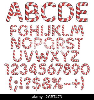 Alphabet, chiffres et signes des bonbons rouges. Objets vectoriels colorés isolés sur fond blanc. Illustration de Vecteur