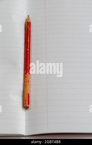 Un crayon mâché se trouve dans la gouttière d'un bloc-notes ouvert avec une page vierge à écrire. Format vertical, espace pour la copie. Banque D'Images