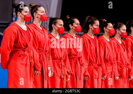 Tokyo, Japon. 05 août 2021. TOKYO, JAPON - AOÛT 5 : Paula Leiton d'Espagne, Maica Garcia d'Espagne, Roser Tarrago Aymerich d'Espagne, Judith Forca d'Espagne, Clara Espar d'Espagne, Irene Gonzalez d'Espagne, Elena Ruiz d'Espagne pendant le tournoi olympique de Waterpolo de Tokyo 2020 les femmes demi-finale match entre Team Spain et Team Hongrie au centre de Tatsumi Waterpolo le 5 août 2021 à Tokyo, Japon (photo de Marcel ter Bals/Orange Pictures) crédit: Orange pics BV/Alay Live News Banque D'Images