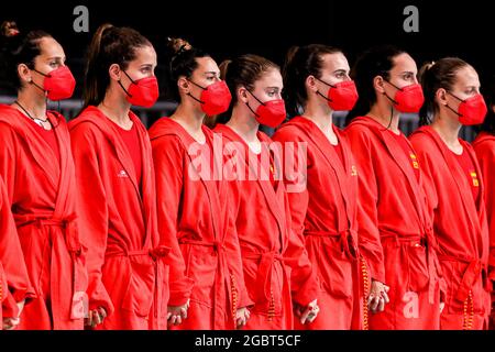 Tokyo, Japon. 05 août 2021. TOKYO, JAPON - AOÛT 5 : Judith Forca d'Espagne, Clara Espar d'Espagne, Irene Gonzalez d'Espagne, Elena Ruiz d'Espagne, Bea Ortiz d'Espagne, Anna Espar d'Espagne, Marta Bach d'Espagne pendant le tournoi olympique de Waterpolo de Tokyo 2020 les femmes demi-finale match entre l'équipe d'Espagne et l'équipe d'Hongrie au centre de Tatsumi Waterpolo le 5 août 2021 à Tokyo, Japon (photo de Marcel ter Bals/Orange Pictures) crédit: Orange pics BV/Alay Live News Banque D'Images