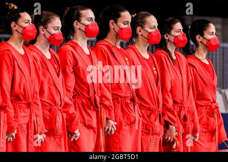 Tokyo, Japon. 05 août 2021. TOKYO, JAPON - AOÛT 5 : Irene Gonzalez d'Espagne, Elena Ruiz d'Espagne, Bea Ortiz d'Espagne, Anna Espar d'Espagne, Marta Bach d'Espagne, Laura Ester d'Espagne, Maria Del Pilar Pena d'Espagne pendant le tournoi olympique de Waterpolo de Tokyo 2020 les femmes demi-finale match entre l'équipe d'Espagne et l'équipe de Hongrie au centre de Tatsumi Waterpolo le 5 août 2021 à Tokyo, Japon (photo de Marcel ter Pals/Orange Pictures) crédit: Orange pics BV/Alay Live News Banque D'Images