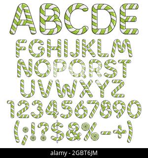 Alphabet, chiffres et signes des bonbons à la menthe. Objets vectoriels colorés isolés sur fond blanc. Illustration de Vecteur