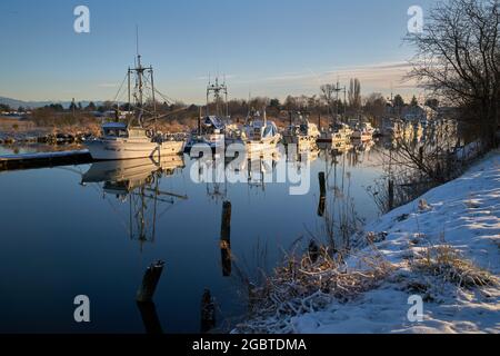 Richmond (Colombie-Britannique), Canada - le 22 février 2018. Scotch Pond Dock Snow Steveston. Des Gillnetters enneigés attachés au quai. Banque D'Images