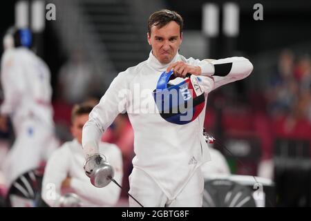 Tokyo, Japon. 05 août 2021. Le Tchèque Jan Kuf réagit lors de la partie escrime du pentathlon moderne pour hommes aux Jeux Olympiques d'été de Tokyo 2020, le 5 août 2021, à Tokyo, au Japon. Crédit : Martin Sidorjak/CTK photo/Alay Live News Banque D'Images