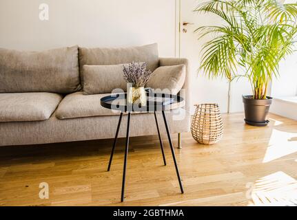 Maison moderne minimaliste salon pièce d'accent noire table avec vase couleur or et livre table en métal noir sur le plancher en chêne naturel de bois franc. Banque D'Images