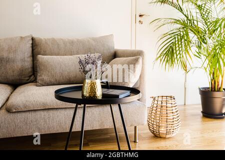 Maison moderne minimaliste salon pièce d'accent noire table avec vase couleur or et livre table en métal noir sur le plancher en chêne naturel de bois franc. Banque D'Images