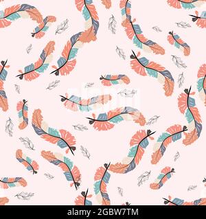 Magnifique motif de plumes de boho sans couture sur fond rose. Style dessiné à la main. Texture sans couture Illustration de Vecteur