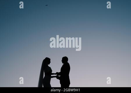 Les silhouettes de la mariée et du marié se tiennent sur le fond du ciel du coucher du soleil Banque D'Images