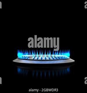 flamme bleue à la cuisinière à gaz de la cuisine. rendu 3d Banque D'Images