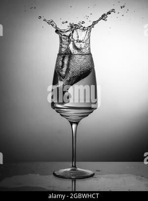 Prise de vue verticale en niveaux de gris d'un verre à vin avec éclaboussures d'eau Banque D'Images