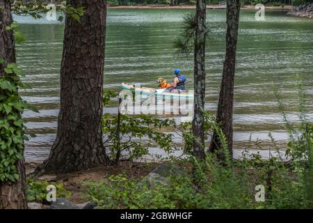 Une jeune fille caucasienne et son chien assis sur un paddle board ensemble portant des gilets de sauvetage flottant dans la partie peu profonde du lac lors d'une journée ensoleillée à l'intérieur Banque D'Images