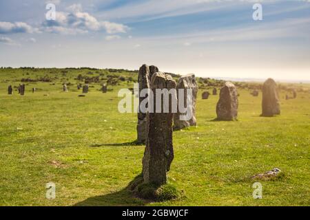 Journée ensoleillée au Hurlers Stone Circle près de Liskeard sur Bodmin Moor, en Cornouailles, en Angleterre. Banque D'Images