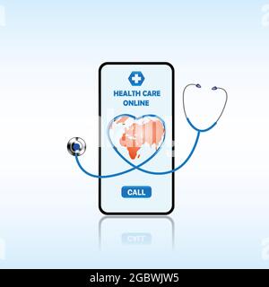 Médecin en ligne concept. Icône médecin dans l'écran du téléphone à l'aide du stéthoscope vérifie l'état de santé. Communication en ligne de la clinique médicale avec le patient. Illustration de Vecteur