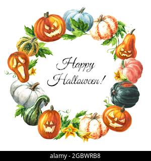 Carte d'Halloween. Citrouilles fraîches et décoratives colorées. Illustration aquarelle dessinée à la main, isolée sur fond blanc Banque D'Images
