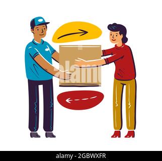 Service de livraison express, concept de transport de colis. Le service de messagerie donne la boîte en carton au client, la femme reçoit le courrier. Illustration plate Illustration de Vecteur
