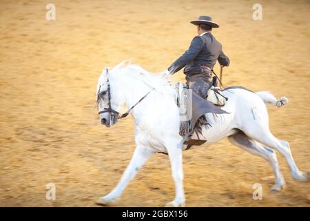 Garrocha pôle équitation en Espagne près de Séville dans une ferme Banque D'Images