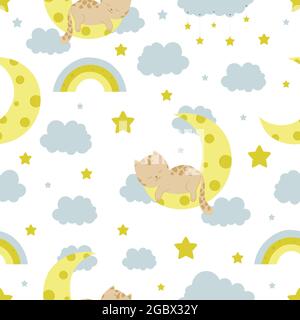 Motif sans couture avec chat, nuages, lune et étoiles. Texture enfant créative pour le tissu, l'emballage, le textile, le papier peint et les vêtements Illustration de Vecteur