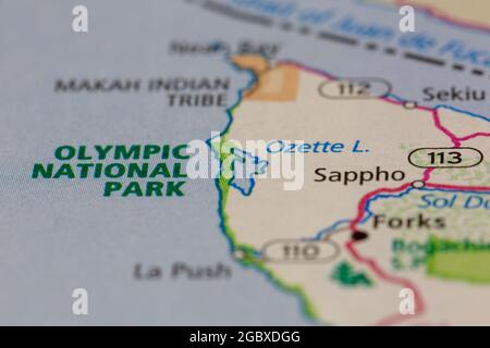 Parc national olympique État de Washington États-Unis indiqué sur une carte routière ou une carte de la géographie Banque D'Images