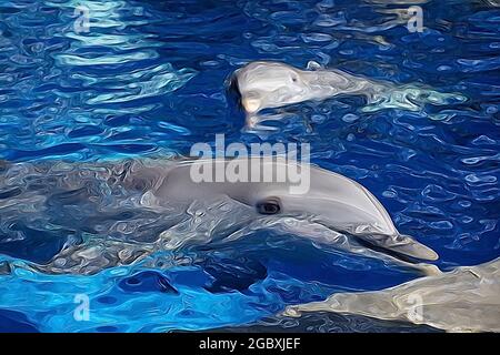 Illustration de deux dauphins nageant dans l'eau bleue. Banque D'Images