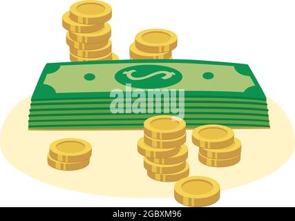 Illustration vectorielle de l'argent. Dollars et pièces d'or en piles. L'accumulation financière des personnes, des banques, des factures, du capital. Billets verts, de style plat, isolés sur fond blanc Illustration de Vecteur
