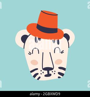 Jolie tête de tigre. Coolé de couleur, CUB tigre blanc en chapeau. Illustration de dessin animé vectoriel. Symbole de 2022 ans. Illustration de Vecteur