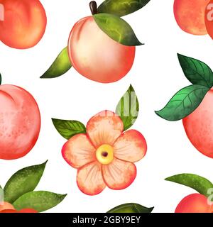 Illustration Digital aquarelle motif sans couture de pêche et de fleurs Banque D'Images