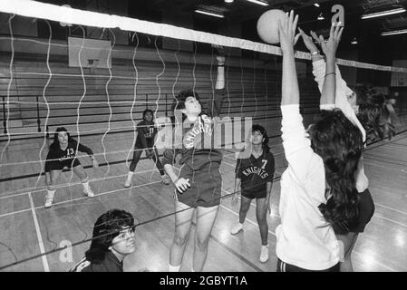 Austin Texas USA, vers 1984: L'équipe de volley-ball des filles de lycée pratique à l'intérieur de la salle de gym de l'école. ©Bob Daemmrich Banque D'Images