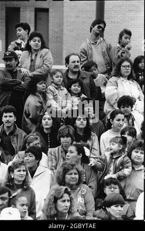 Laredo Texas USA, vers 1993 : des foules hispaniques observant le défilé d'anniversaire annuel de George Washington dans le centre-ville. Le défilé est le point culminant d'une semaine d'événements civiques célébrant l'anniversaire de février du premier président américain. ©Bob Daemmrich Banque D'Images