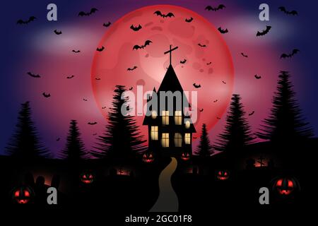 Maison de nuit d'Halloween sur une colline avec toile de fond d'une pleine lune rouge. Cimetière et citrouilles souriantes. Illustration vectorielle Illustration de Vecteur