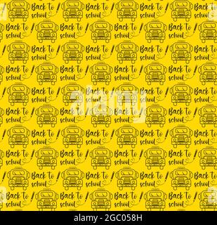 Motif sans couture avec bus scolaire sur fond jaune et dessin de style contour Illustration de Vecteur