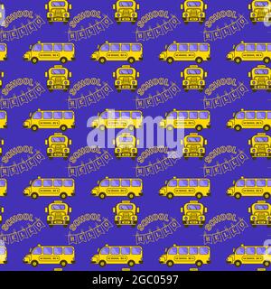 Motif sans couture avec bus scolaire sur fond bleu, dessin à plat Illustration de Vecteur