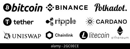 Vinnytsia, Ukraine - 5 août 2021. Ensemble de logo crypto-monnaie noir. Bitcoin, Ethereum, Binance, Tether, XRP, Polkadot, Cardano, Uniswap, Litecoin, Illustration de Vecteur