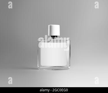 Maquette d'une bouteille en verre transparent pour parfum, liquide aromatisé, essence, avec bouchon texturé en plastique, étiquette pour le design, marque. Modèle de flacon, parfumé Banque D'Images