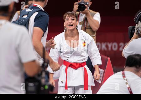 Tokyo, Japon. 05 août 2021. Sandra SANCHEZ JAIME (ESP) après sa démonstration (démonstration), conférence; 1ère place, médaille d'or, gagnant, Médaille d'or olympique ; Karate, femmes, kata ; Karate/femmes, Hommes le 08/05/2021; Jeux Olympiques d'été 2020, à partir de 23.07. - 08.08.2021 à Tokyo/Japon. Credit: dpa/Alay Live News Banque D'Images
