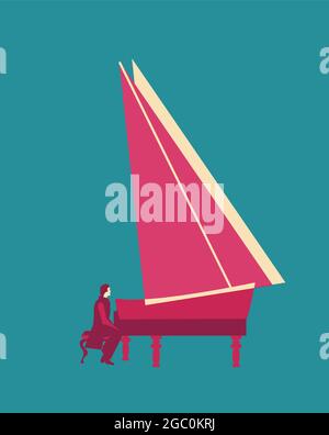 illustration d'un pianiste jouant au piano en forme de bateau, isolé sur fond bleu Illustration de Vecteur