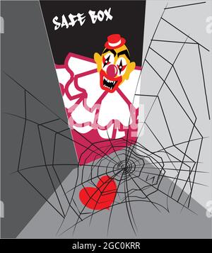 illustration d'un clown regardant dans sa boîte sûre pour son coeur oublié, couvert par une toile d'araignée Illustration de Vecteur