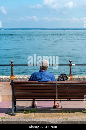 homme assis sur un banc avec un chien, homme assis en bord de mer avec son chien, homme et chien, un homme et son chien, meilleur ami des hommes, homme assis sur un siège avec un chien Banque D'Images