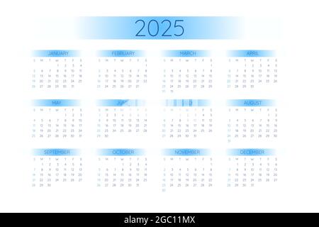 modèle de calendrier de poche 2025 de style minimaliste strict avec éléments dégradés bleus, format horizontal. La semaine commence le dimanche. Illustration de Vecteur