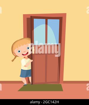 Un petit coup de pouce à la porte. Ouverture de l'entrée. Petite fille drôle. Vue de l'intérieur de la chambre. Style de dessin animé. Conception plate. Vecteur Illustration de Vecteur