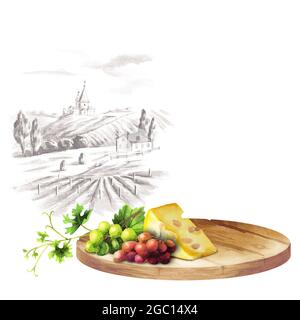 Arrière-plan pour vos produits avec une table, des raisins et un paysage Banque D'Images