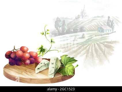 Arrière-plan pour vos produits avec une table, des raisins et un paysage Banque D'Images