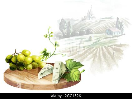 Arrière-plan pour vos produits avec une table, des raisins et un paysage Banque D'Images