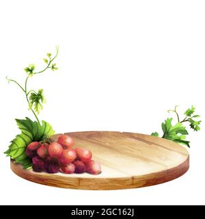 Arrière-plan pour vos produits avec une table, des raisins et un paysage Banque D'Images