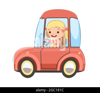 Voiture pour enfants. Une petite fille roule sur une drôle d'automobile rétro. Véhicule jouet. Avec un moteur. Mignon auto passager. Isolé sur fond blanc. Vecteur Illustration de Vecteur