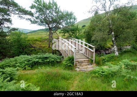 Passerelle à travers l'Allt Gleann Auchreoch sur le chemin jusqu'à la montagne Munro de Ben OSS près de Tyndrum, près de Stirling, en Écosse. Banque D'Images
