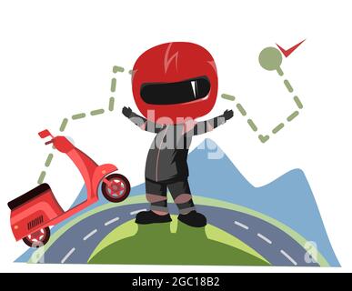 Conducteur de scooter. Dessin animé de motard. Illustration enfant. Terminer. Dans une tenue de sport et un casque rouge. Motard froid. Isolé sur fond blanc Illustration de Vecteur