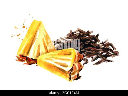 Tas de feuilles de thé sèches et de tranches d'ananas. Illustration aquarelle dessinée à la main isolée sur fond blanc Banque D'Images